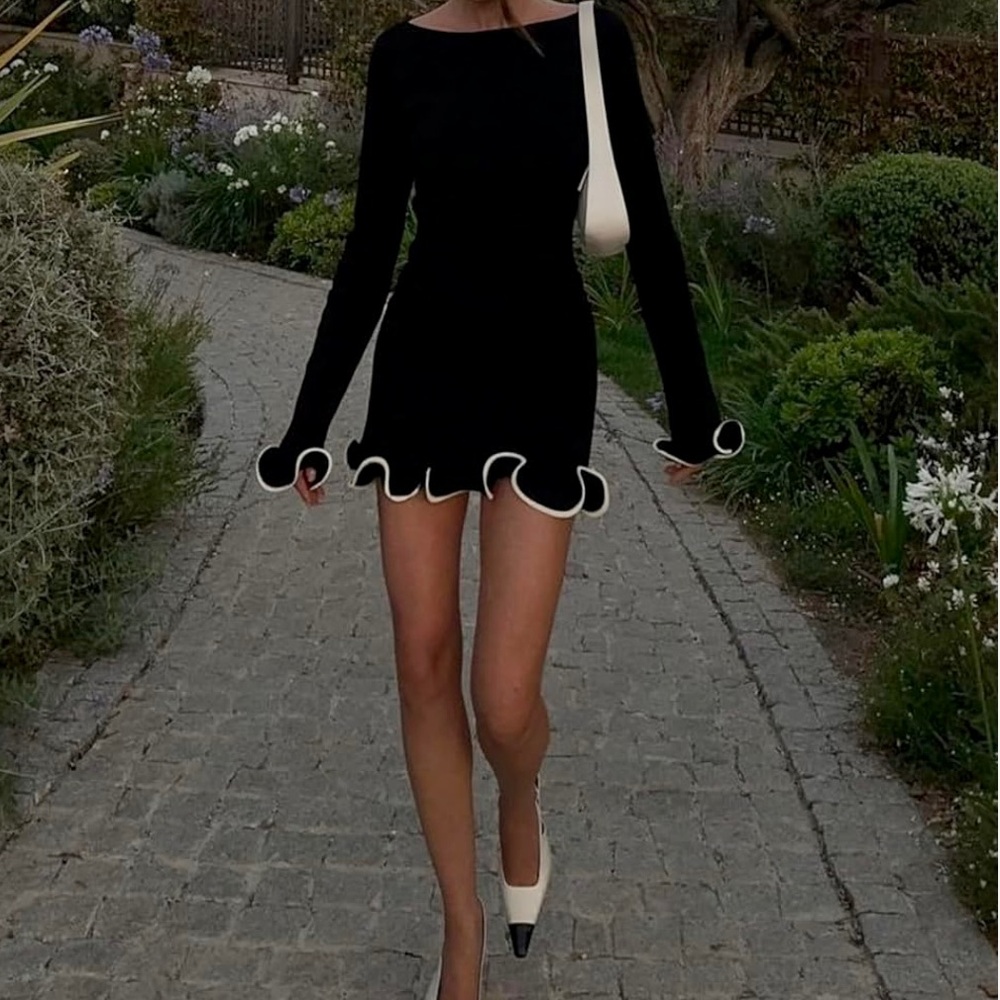 Elegant Ruffle Hem Knit Mini Dress Long Sleeve